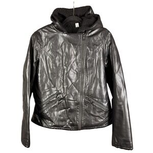 Levi Faux‎ Leather Jacket Women S Black Hooded Sherpa Lined Moto Asymmetric Zip